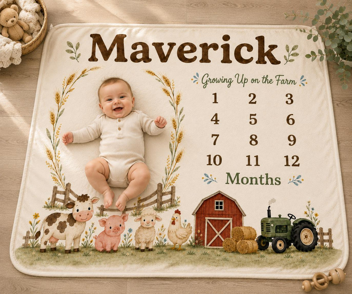 Personalized Farm Milestone Blanket, Custom Baby Boy Milestone Blanket, Farm Animal Monthly Blanket, Baby Photo Blanket, Baby