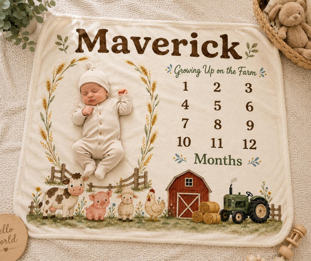 Personalized Farm Milestone Blanket, Custom Baby Boy Milestone Blanket, Farm Animal Monthly Blanket, Baby Photo Blanket, Baby