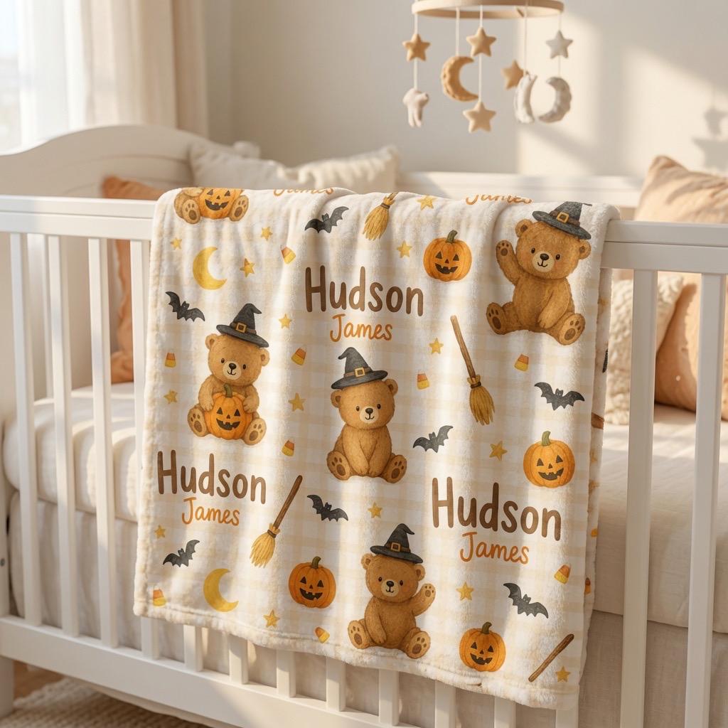 Personalized Halloween Teddy Bear Blanket, Custom Halloween Baby Blanket, Personalized Baby Name Blanket, Cute Ghost Pumpkin 