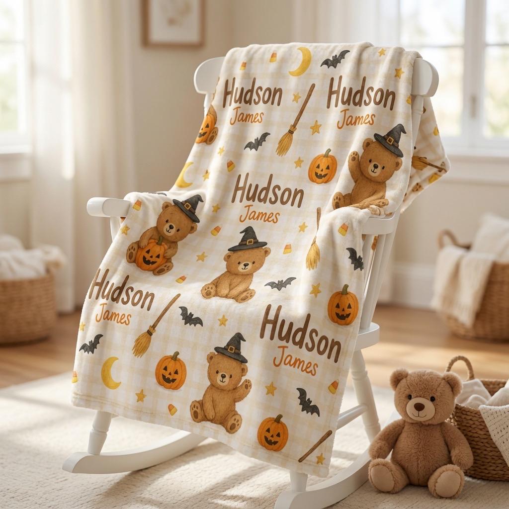 Personalized Halloween Teddy Bear Blanket, Custom Halloween Baby Blanket, Personalized Baby Name Blanket, Cute Ghost Pumpkin 