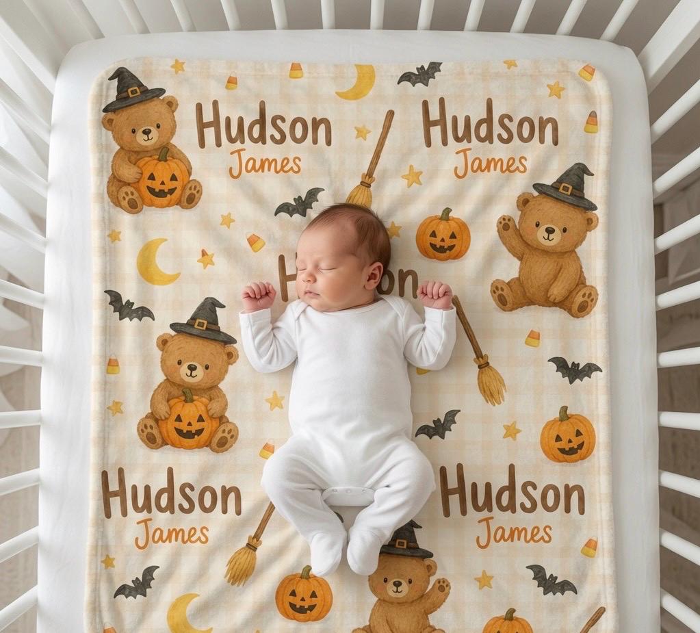 Personalized Halloween Teddy Bear Blanket, Custom Halloween Baby Blanket, Personalized Baby Name Blanket, Cute Ghost Pumpkin 