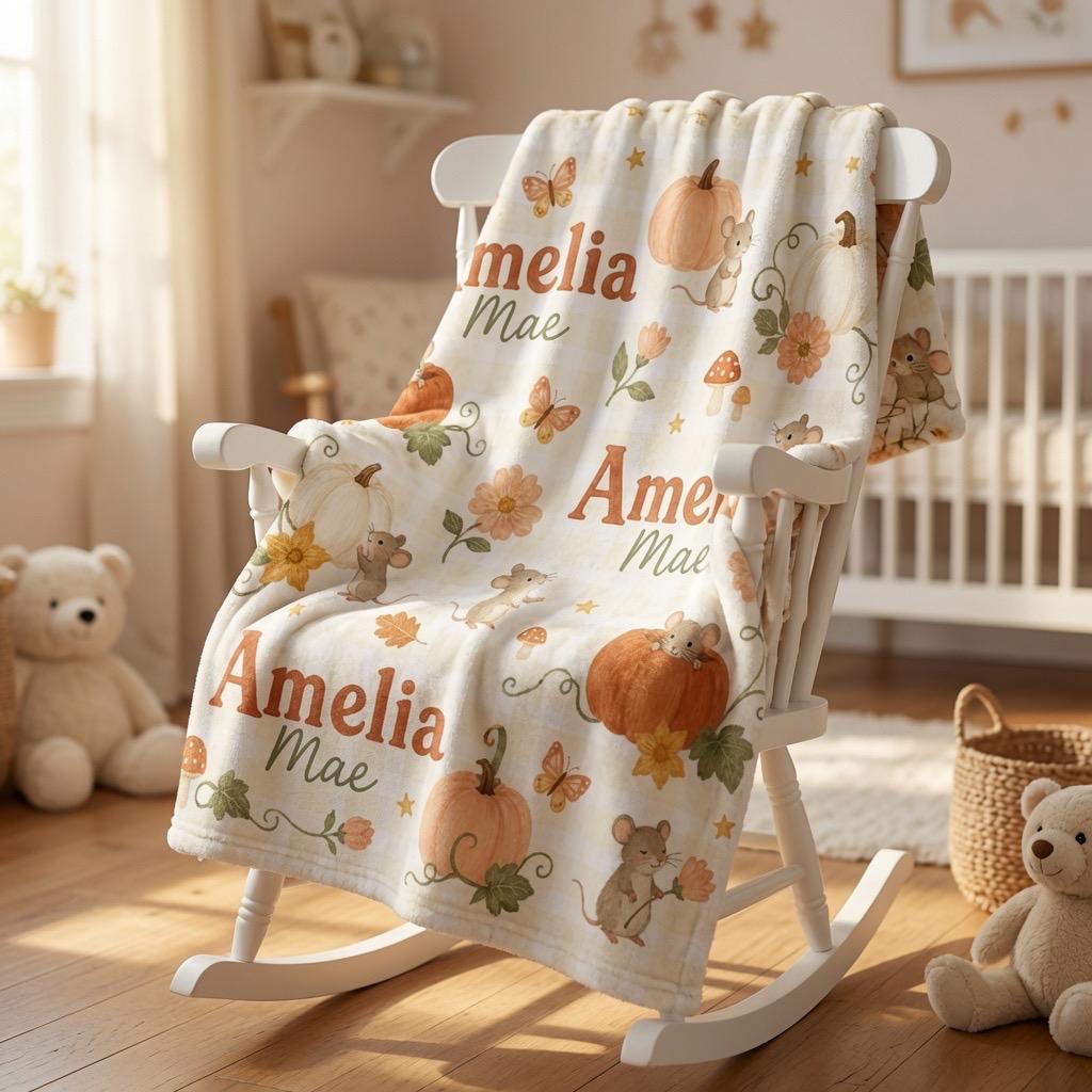 Personalized Pumpkin Baby Blanket, Personalized Fall Baby Blanket, Custom Autumn Baby Blanket, Pumpkin Mouse Nursery Blanket