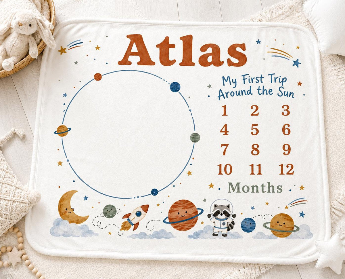 Personalized Space Milestone Blanket, My First Trip Around the Sun Blanket, Baby Milestone Blanket, Outer Space Baby Blanket,
