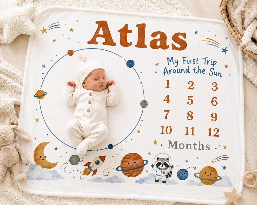 Personalized Space Milestone Blanket, My First Trip Around the Sun Blanket, Baby Milestone Blanket, Outer Space Baby Blanket,