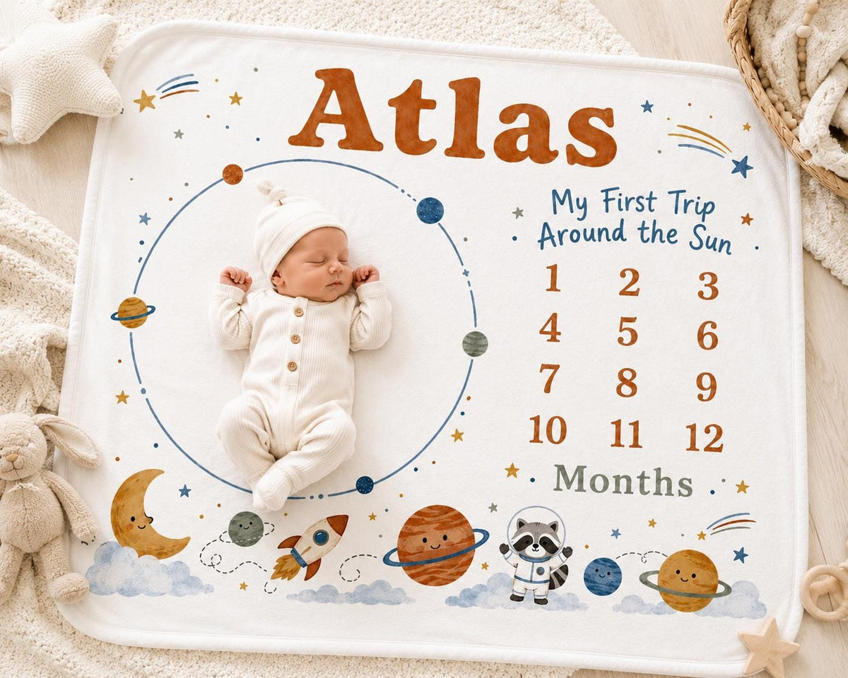 Personalized Space Milestone Blanket, My First Trip Around the Sun Blanket, Baby Milestone Blanket, Outer Space Baby Blanket,