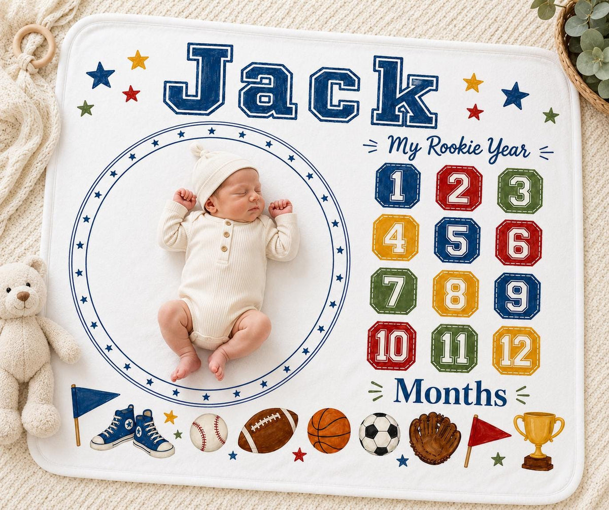 Personalized Sports Milestone Blanket, My Rookie Year Baby Milestone Blanket, Custom Monthly Baby Blanket, Sports Nursery Dec