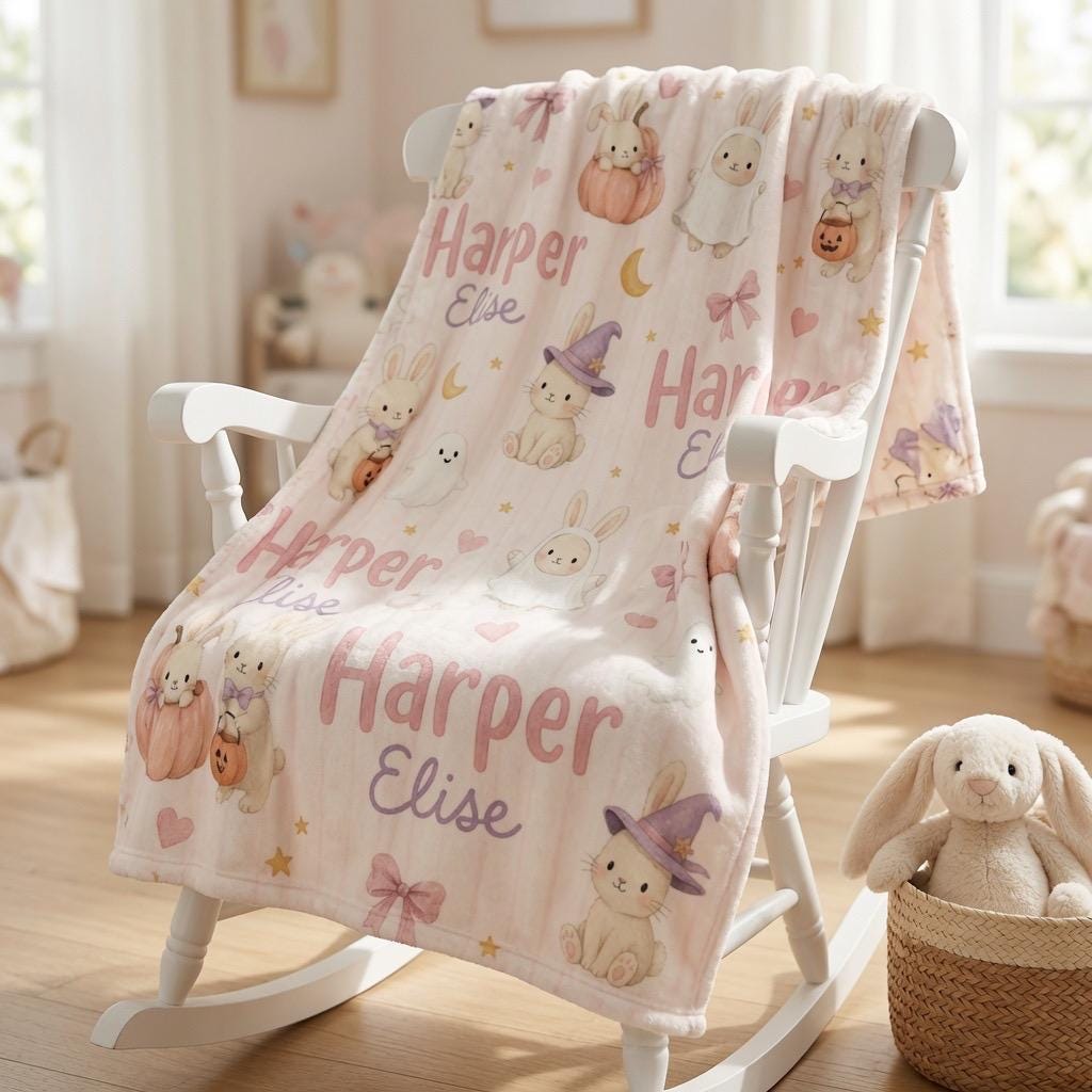Personalized Halloween Bunny Blanket, Personalized Halloween Baby Blanket, Cute Ghost Bunny Blanket, Custom Baby Name Blanket