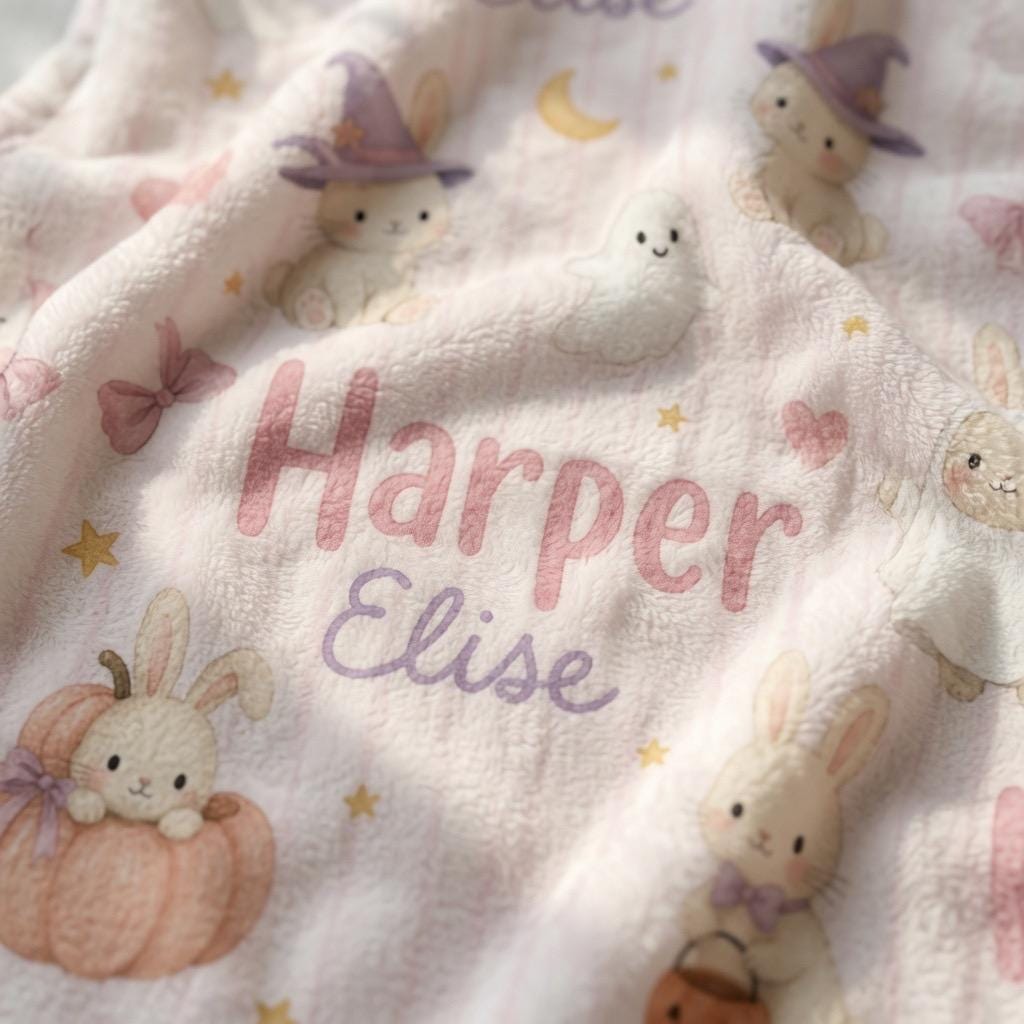 Personalized Halloween Bunny Blanket, Personalized Halloween Baby Blanket, Cute Ghost Bunny Blanket, Custom Baby Name Blanket