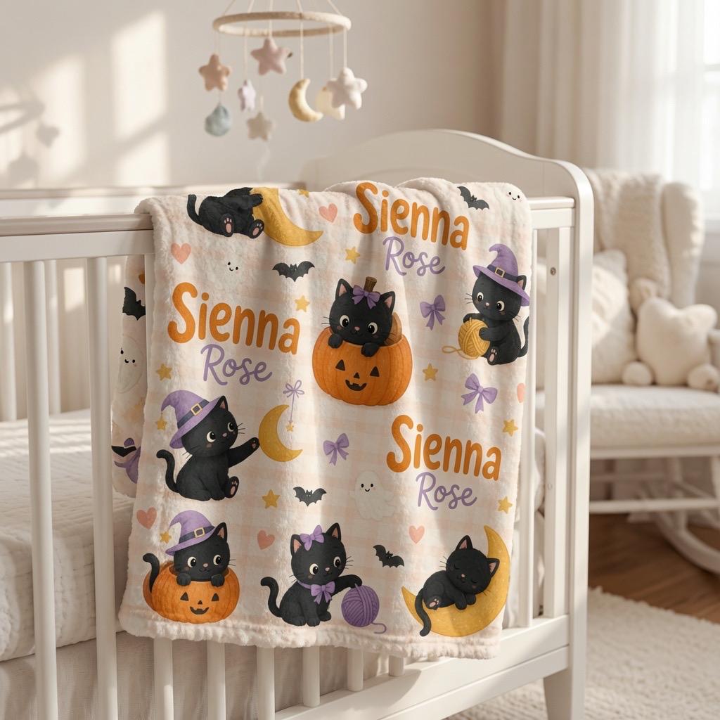 Personalized Halloween Cat Baby Blanket, Custom Halloween Baby Blanket, Black Cat Nursery Blanket, Personalized Ghost Blanket