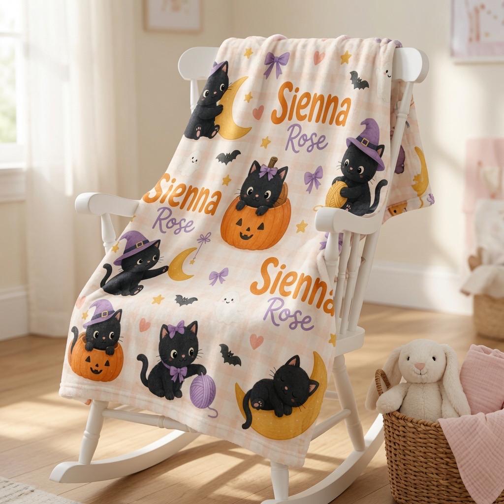 Personalized Halloween Cat Baby Blanket, Custom Halloween Baby Blanket, Black Cat Nursery Blanket, Personalized Ghost Blanket