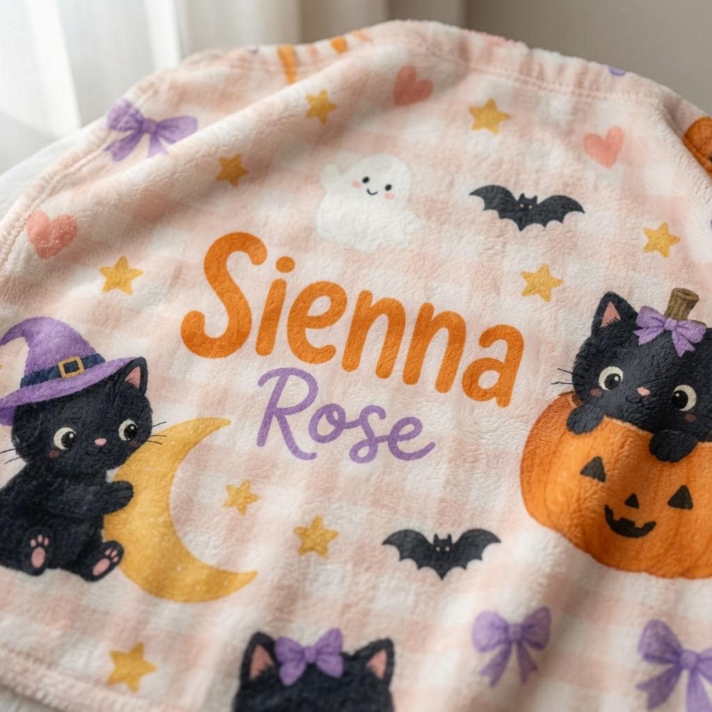 Personalized Halloween Cat Baby Blanket, Custom Halloween Baby Blanket, Black Cat Nursery Blanket, Personalized Ghost Blanket