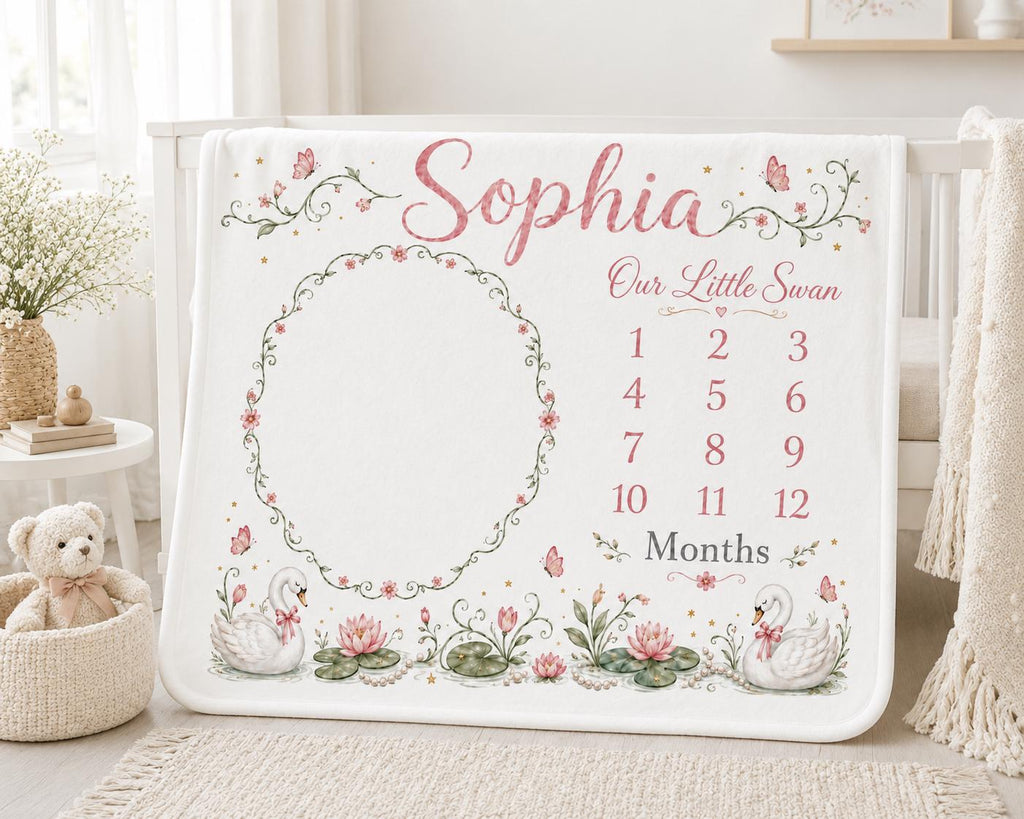 Personalized Swan Milestone Blanket, Baby Girl Monthly Milestone Blanket, Custom Baby Photo Blanket, Floral Swan Nursery Blan