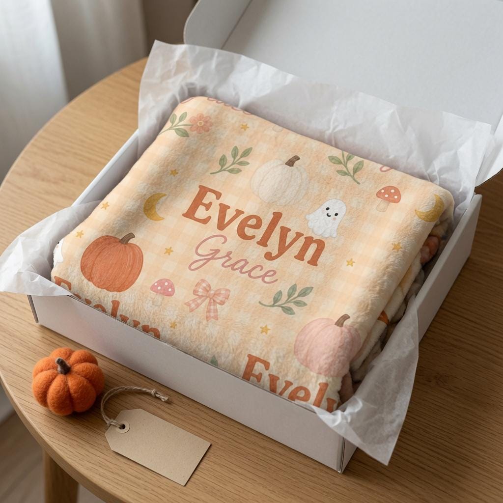 Personalized Halloween Baby Blanket, Custom Pumpkin Ghost Baby Blanket, Cute Fall Baby Blanket, Personalized Baby Name Blanke