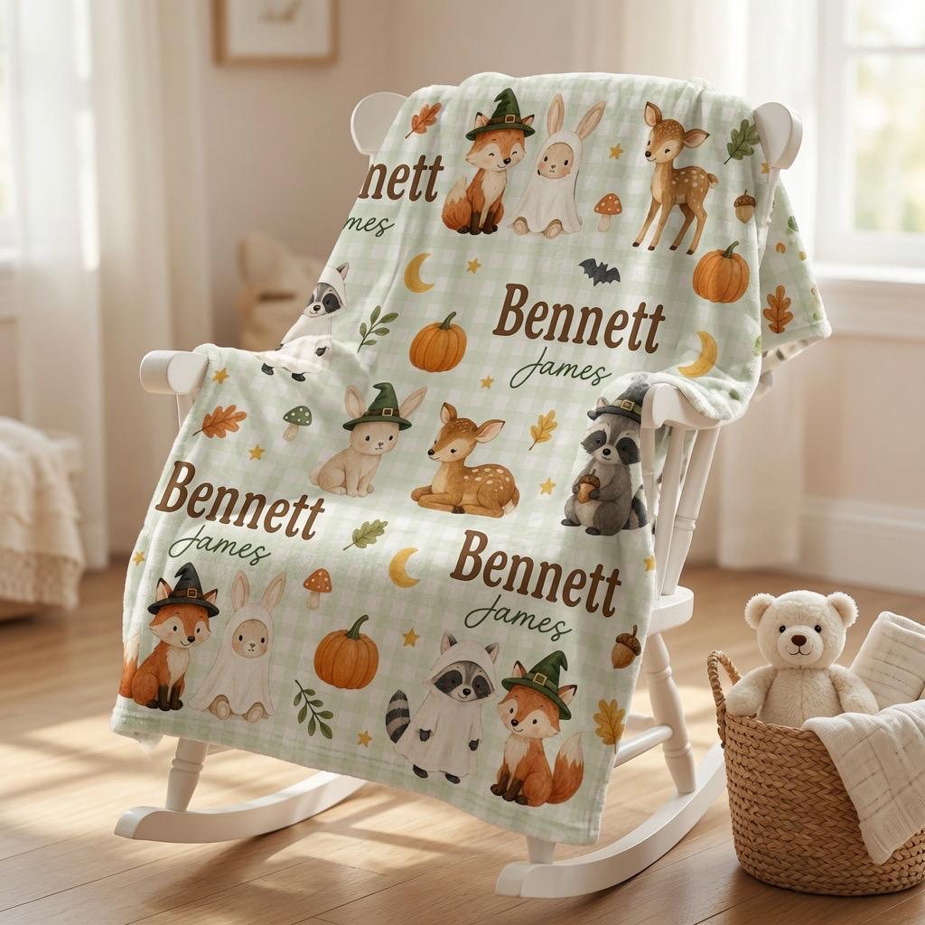 Personalized Halloween Woodland Baby Blanket, Custom Fox Ghost Baby Blanket, Personalized Baby Name Blanket, Cute Spooky Baby