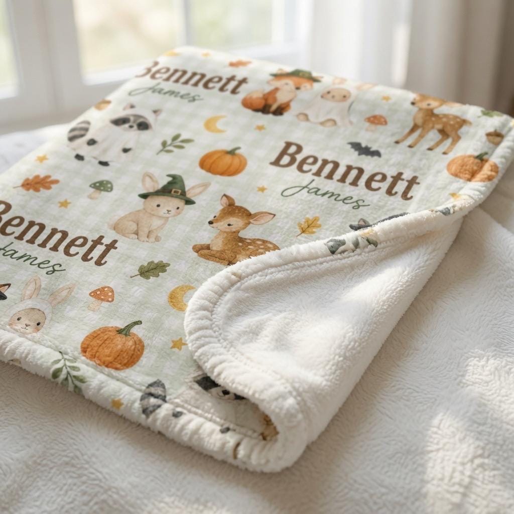 Personalized Halloween Woodland Baby Blanket, Custom Fox Ghost Baby Blanket, Personalized Baby Name Blanket, Cute Spooky Baby
