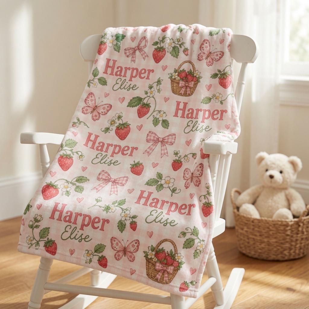 Personalized Strawberry Baby Blanket, Custom Baby Girl Blanket, Strawberry Nursery Blanket, Pink Bow Baby Blanket, Butterfly 