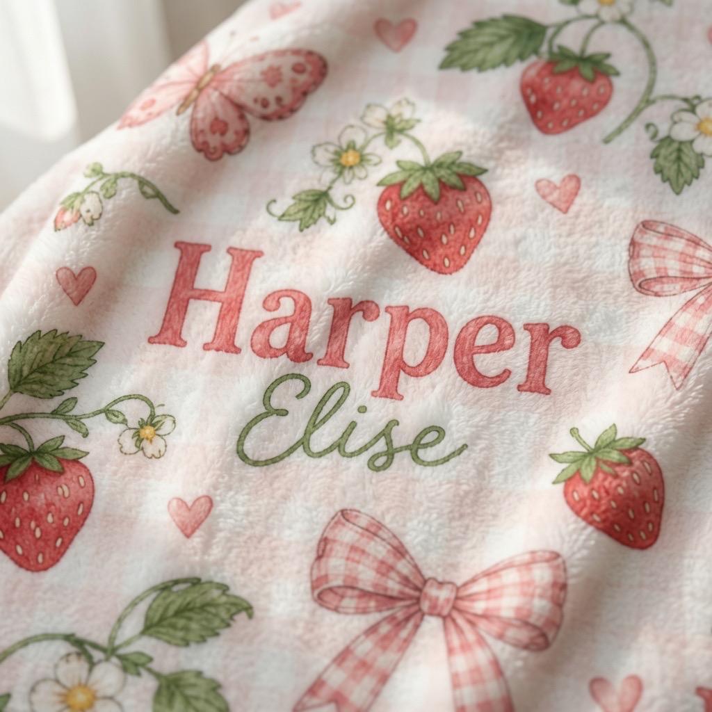 Personalized Strawberry Baby Blanket, Custom Baby Girl Blanket, Strawberry Nursery Blanket, Pink Bow Baby Blanket, Butterfly 