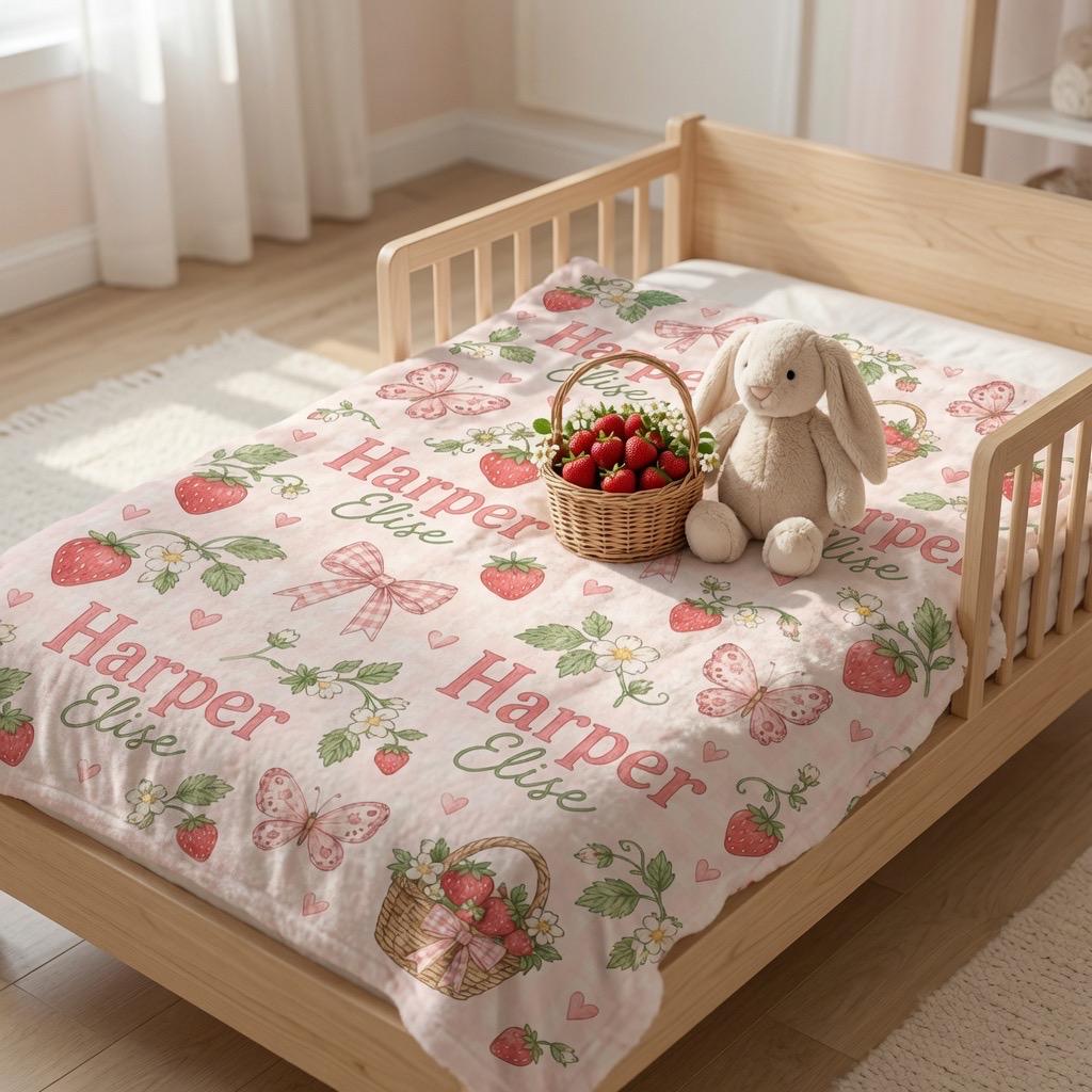 Personalized Strawberry Baby Blanket, Custom Baby Girl Blanket, Strawberry Nursery Blanket, Pink Bow Baby Blanket, Butterfly 