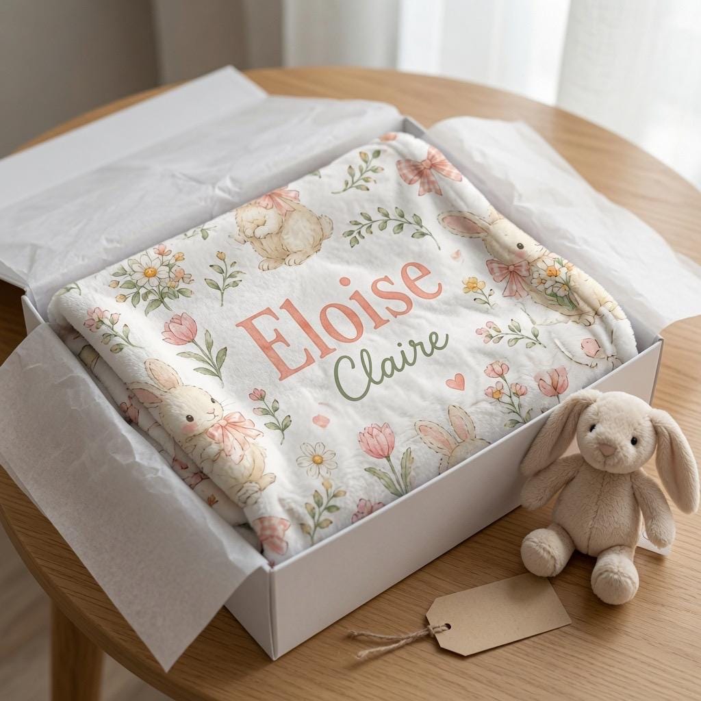 Personalized Bunny Baby Blanket, Custom Baby Girl Blanket, Personalized Rabbit Blanket, Floral Bunny Nursery Blanket, Baby Sh