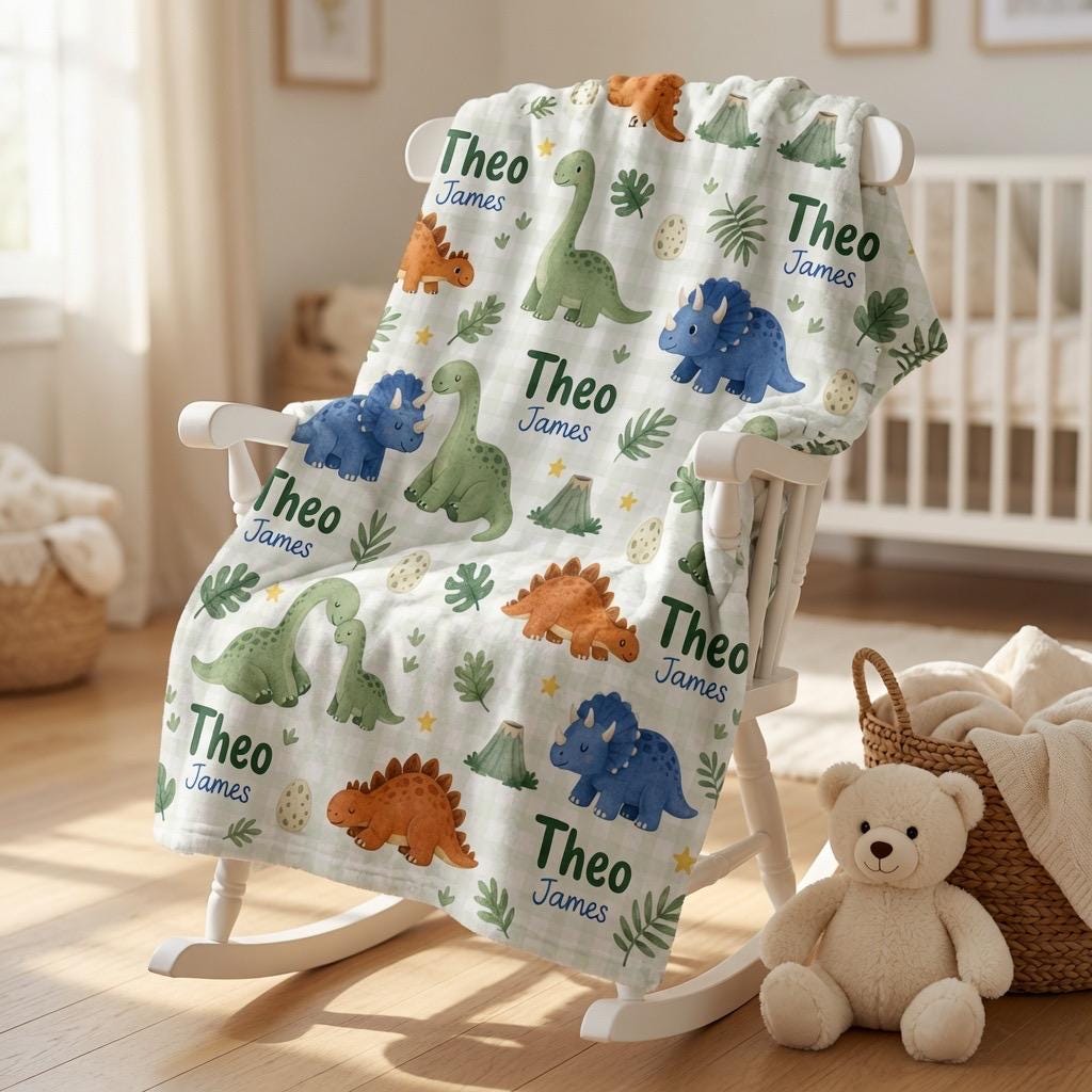Personalized Dinosaur Baby Blanket, Custom Dinosaur Baby Blanket, Personalized Baby Name Blanket, Dino Nursery Blanket, Baby 