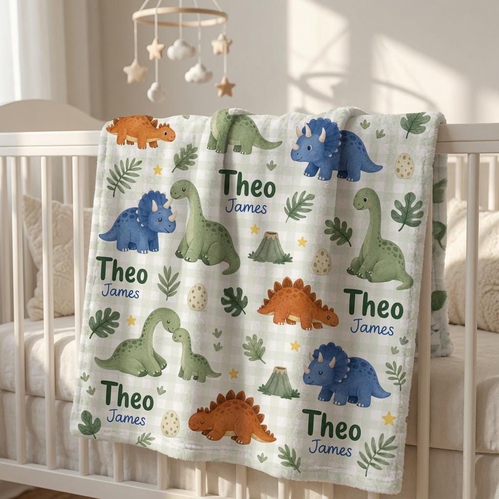 Personalized Dinosaur Baby Blanket, Custom Dinosaur Baby Blanket, Personalized Baby Name Blanket, Dino Nursery Blanket, Baby 