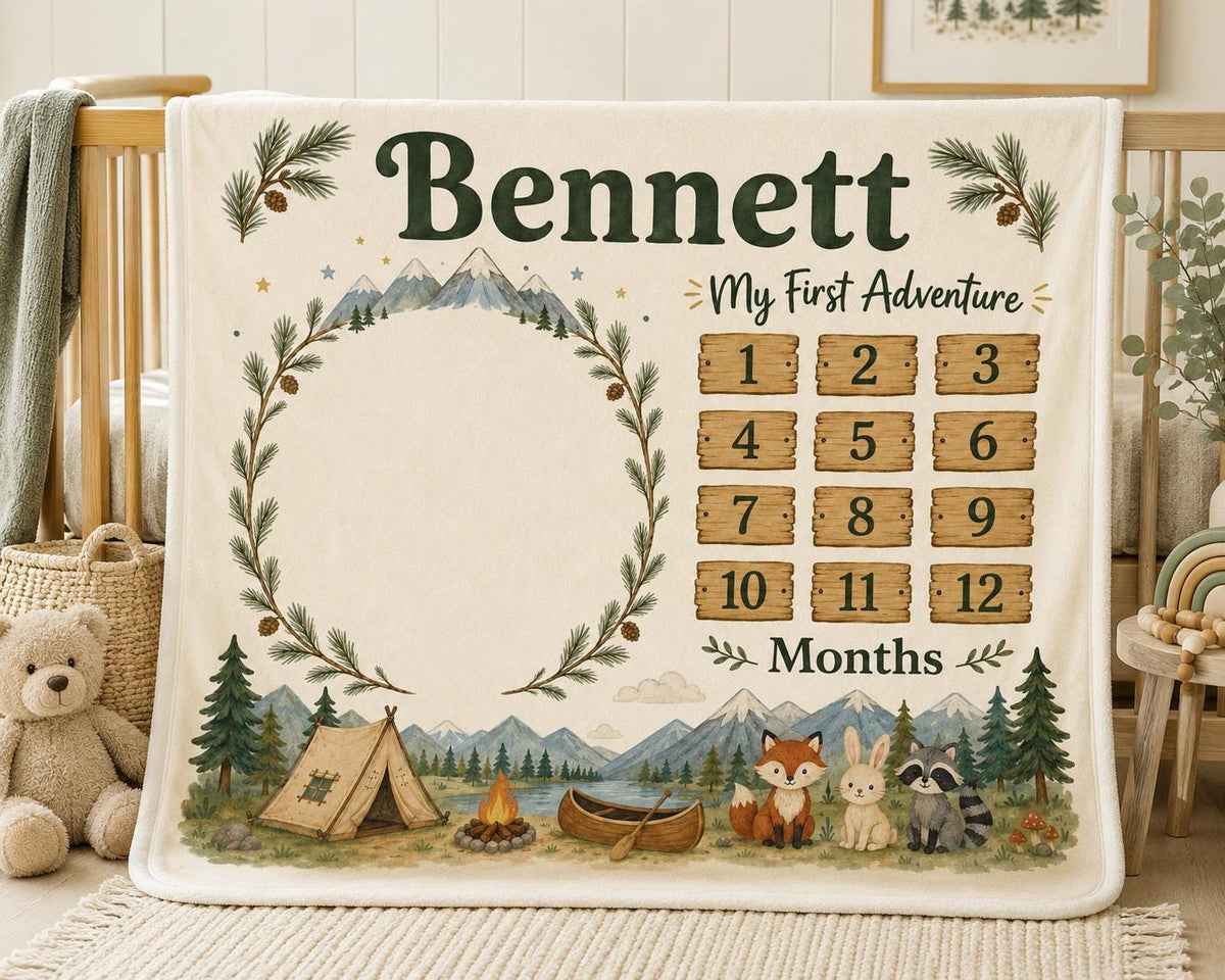 Personalized Camping Milestone Blanket, Woodland Baby Milestone Blanket, Adventure Baby Blanket, Custom Monthly Milestone Bla