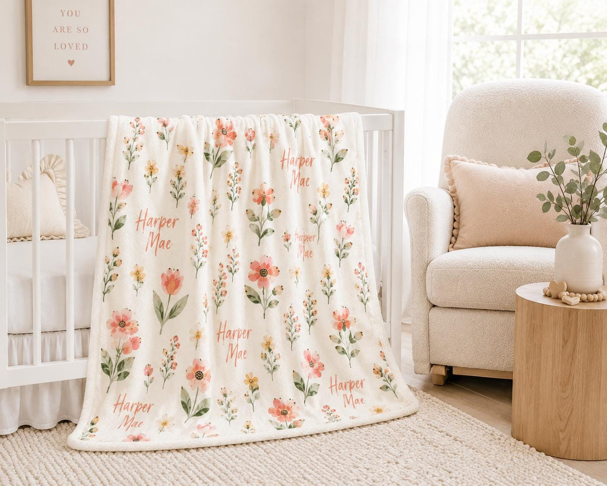 Personalized Floral Baby Blanket, Custom Name Baby Girl Blanket, Personalized Nursery Blanket, Baby Shower Gift, Newborn Name