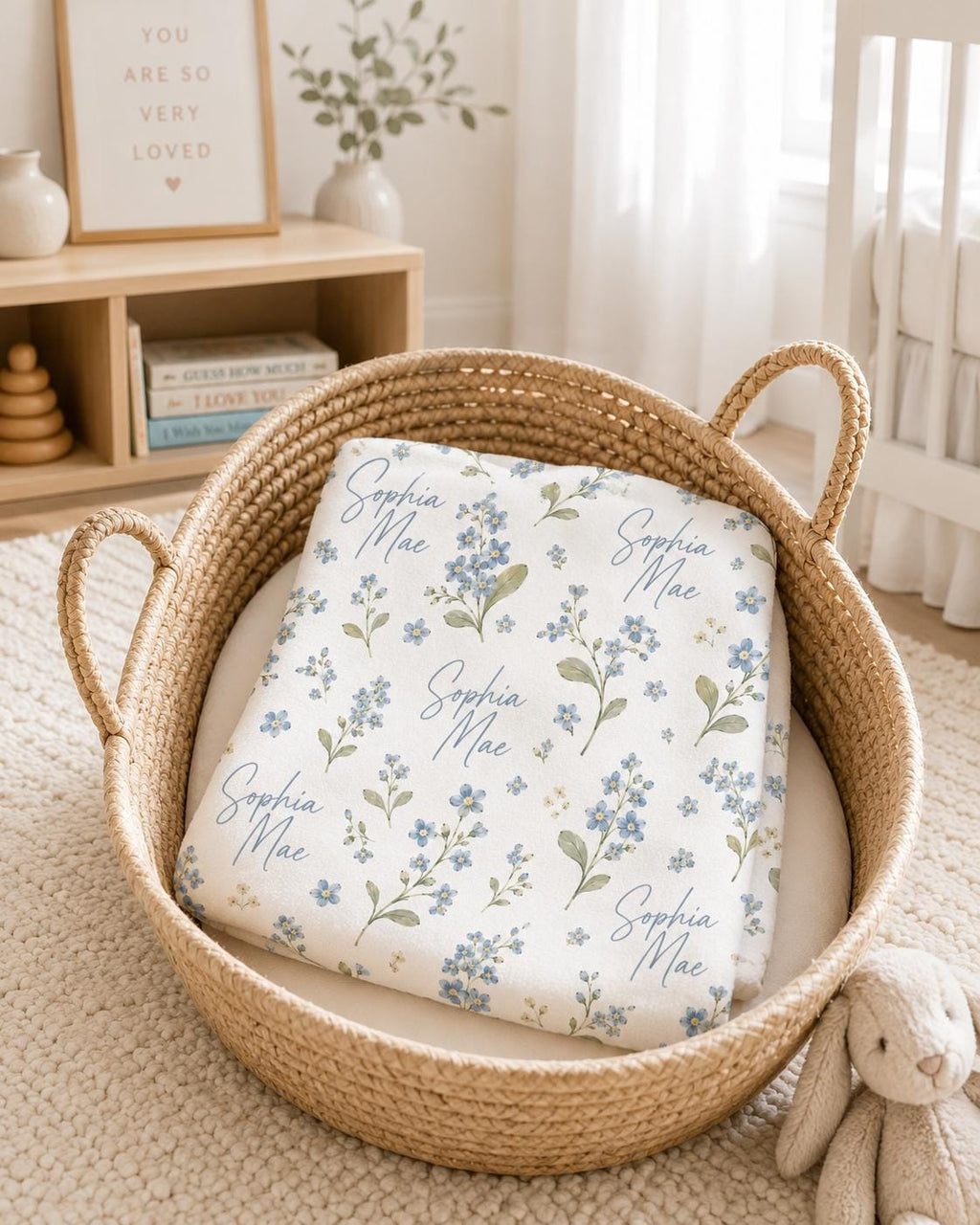 Personalized Forget Me Not Baby Blanket, Custom Name Baby Girl Blanket, Personalized Floral Blanket, Newborn Baby Gift, Nurse