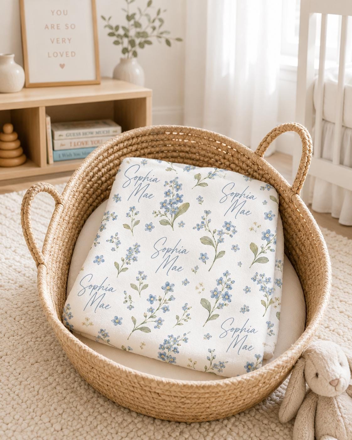 Personalized Forget Me Not Baby Blanket, Custom Name Baby Girl Blanket, Personalized Floral Blanket, Newborn Baby Gift, Nurse