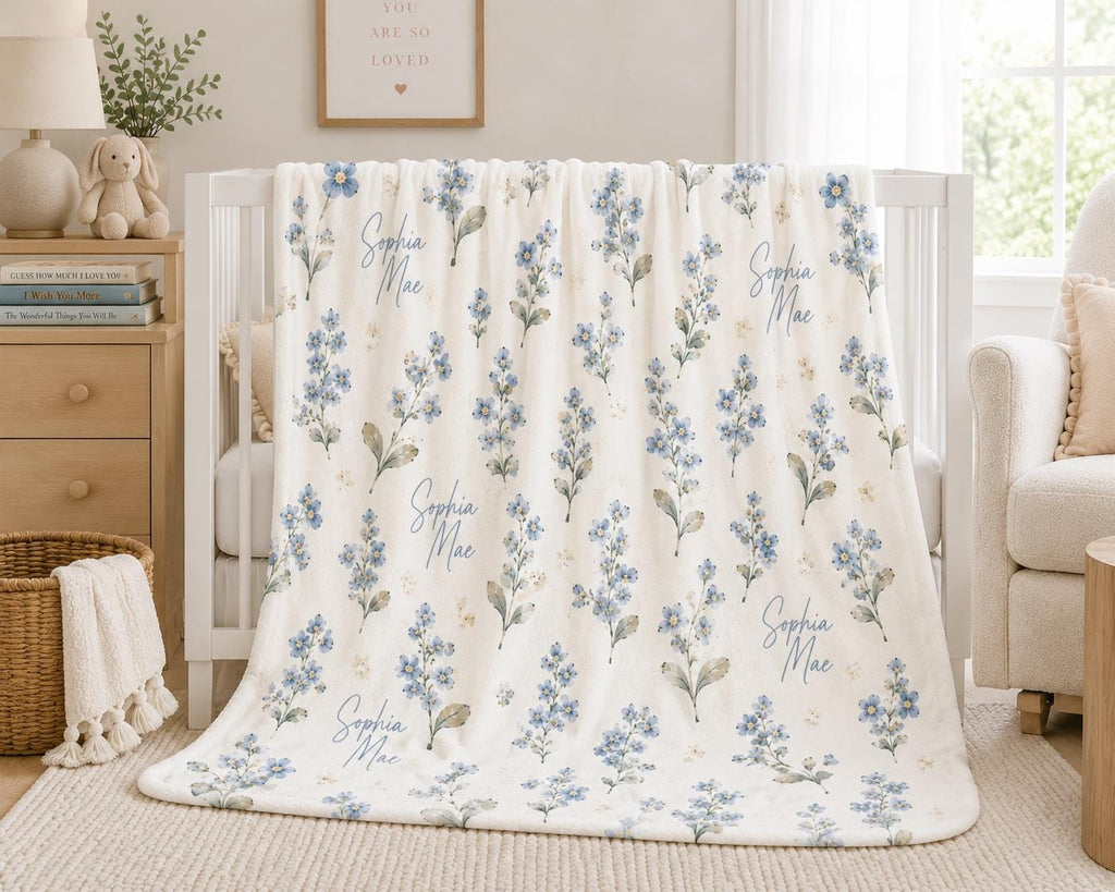 Personalized Forget Me Not Baby Blanket, Custom Name Baby Girl Blanket, Personalized Floral Blanket, Newborn Baby Gift, Nurse