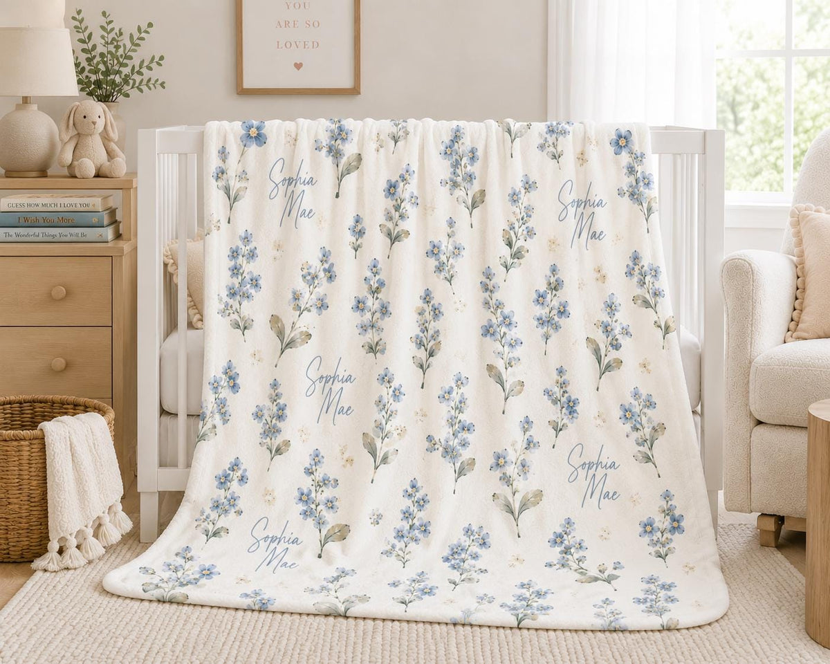 Personalized Forget Me Not Baby Blanket, Custom Name Baby Girl Blanket, Personalized Floral Blanket, Newborn Baby Gift, Nurse