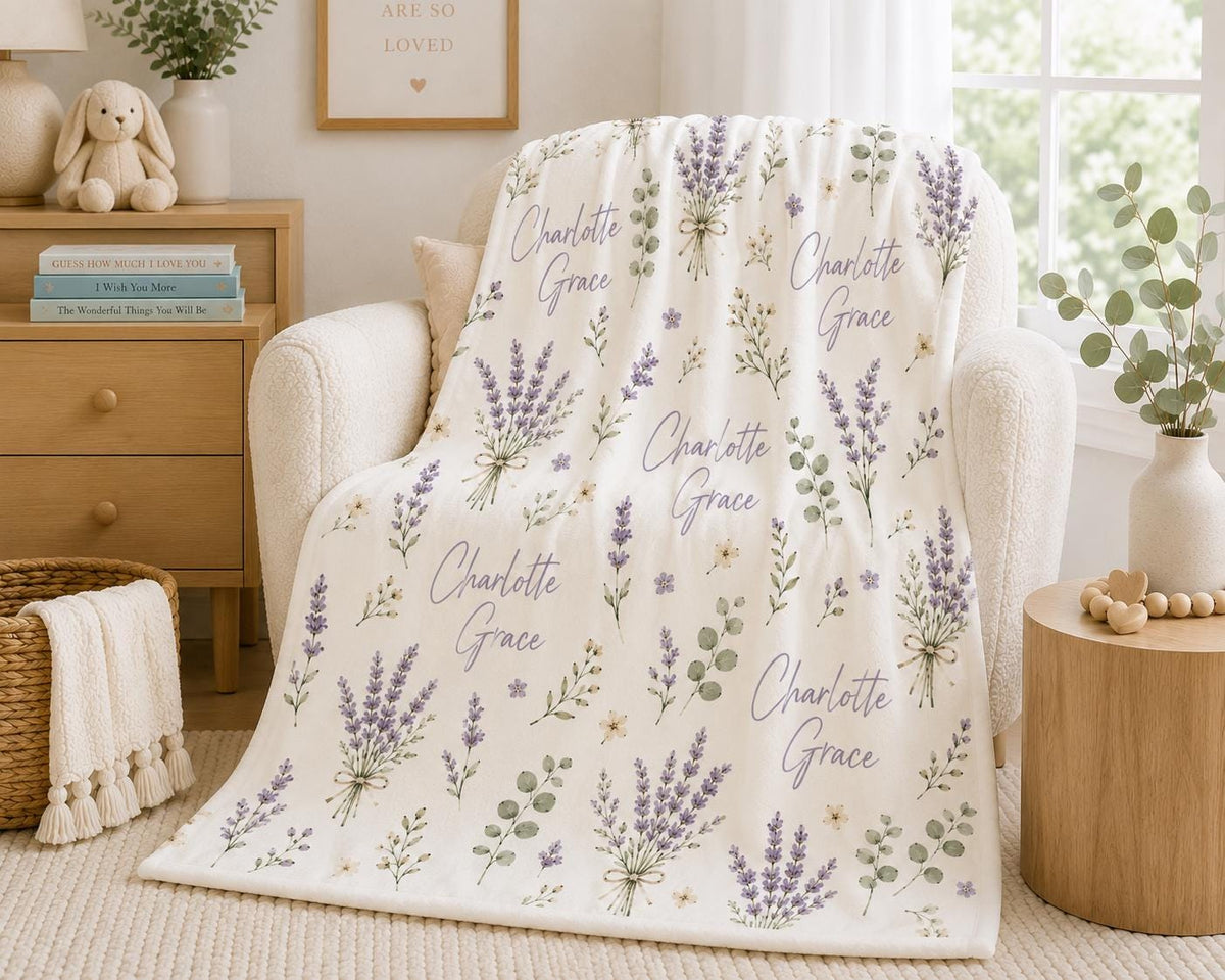 Personalized Lavender Baby Blanket, Custom Name Baby Girl Blanket, Floral Baby Blanket, Baby Shower Gift, Newborn Keepsake