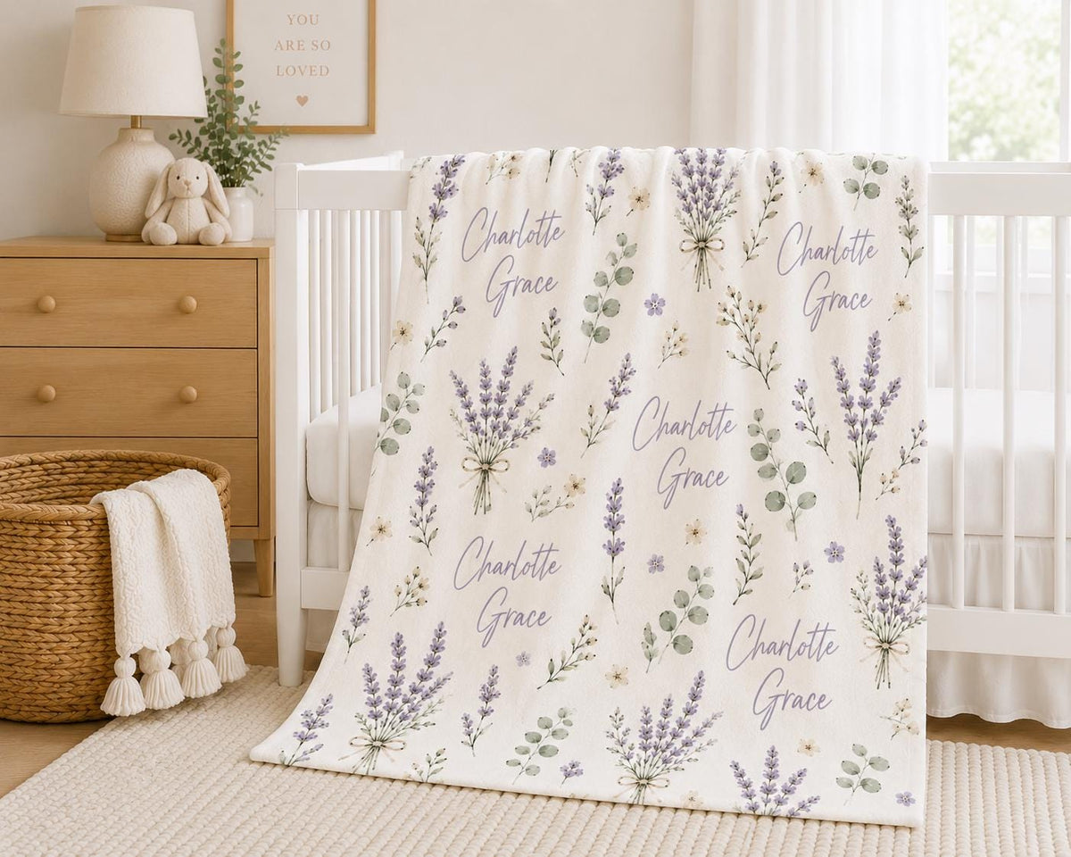 Personalized Lavender Baby Blanket, Custom Name Baby Girl Blanket, Floral Baby Blanket, Baby Shower Gift, Newborn Keepsake