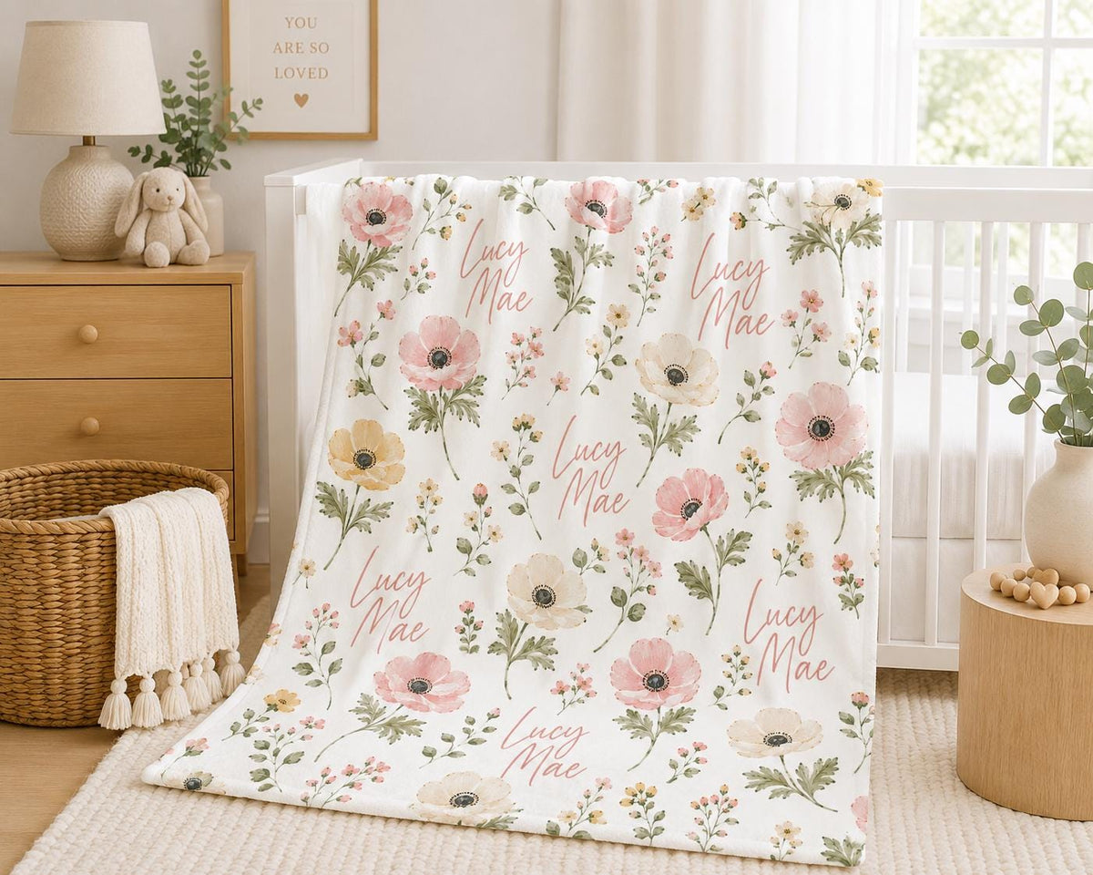 Personalized Wildflower Baby Blanket, Custom Name Baby Girl Blanket, Floral Nursery Blanket, Personalized Newborn Gift, Baby 