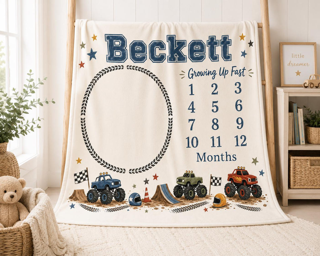 Personalized Monster Truck Baby Milestone Blanket, Custom Monster Truck Monthly Blanket, Growing Up Fast Baby Shower Gift, Tr