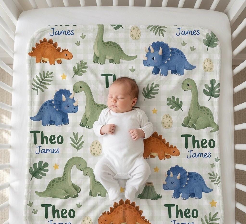 Personalized Dinosaur Baby Blanket, Custom Dinosaur Baby Blanket, Personalized Baby Name Blanket, Dino Nursery Blanket, Baby 