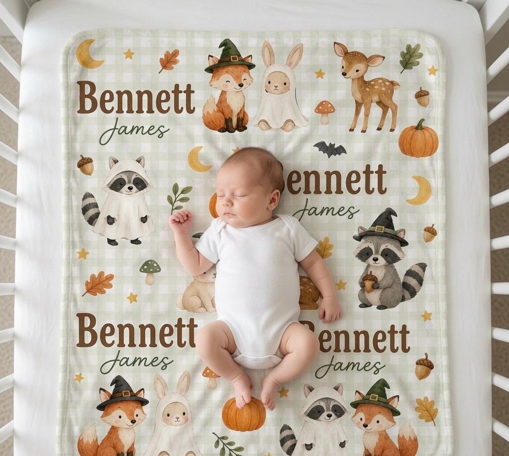 Personalized Halloween Woodland Baby Blanket, Custom Fox Ghost Baby Blanket, Personalized Baby Name Blanket, Cute Spooky Baby