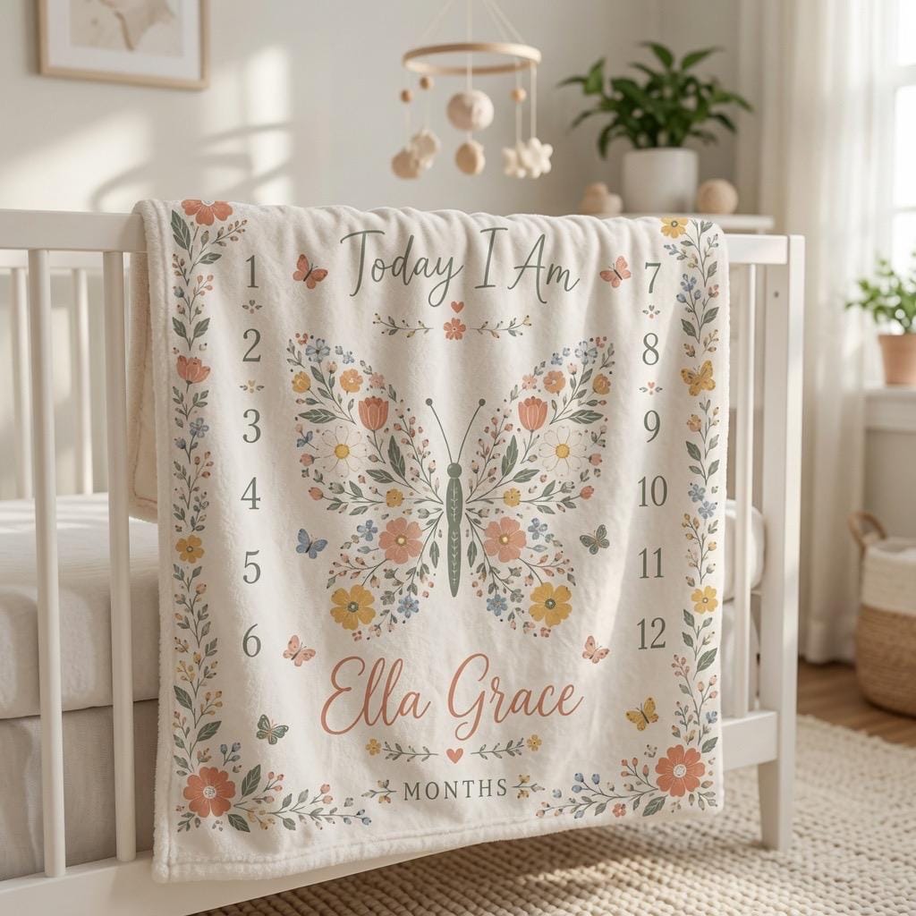 Personalized Butterfly Baby Milestone Blanket, Custom Name Baby Blanket Girl, Floral Milestone Blanket, Monthly Baby Blanket,