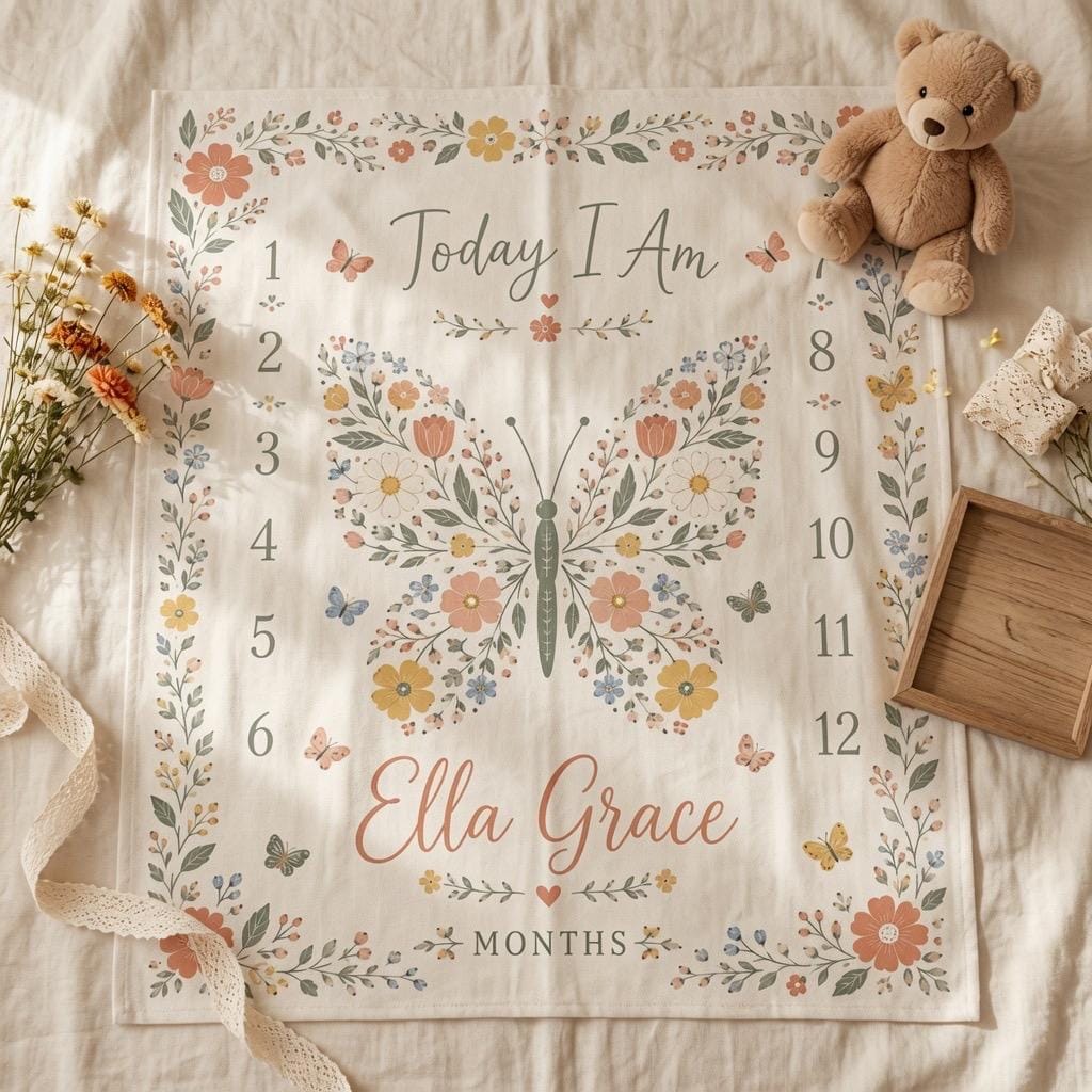 Personalized Butterfly Baby Milestone Blanket, Custom Name Baby Blanket Girl, Floral Milestone Blanket, Monthly Baby Blanket,