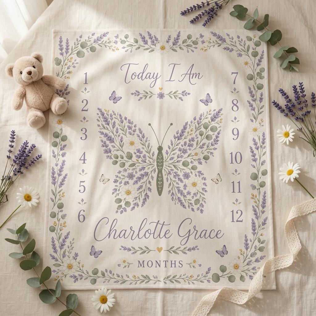 Personalized Lavender Baby Milestone Blanket, Custom Name Monthly Milestone Blanket, Floral Butterfly Baby Blanket, Baby Girl