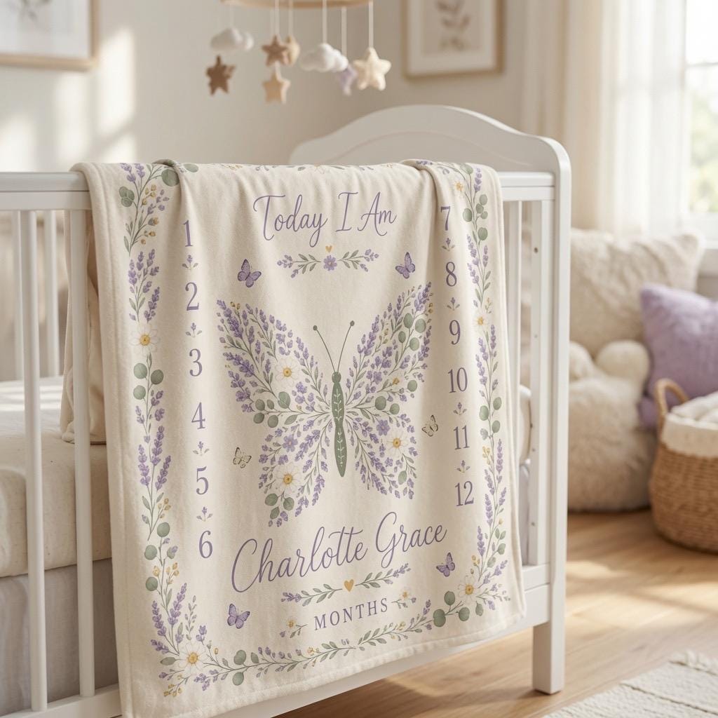 Personalized Lavender Baby Milestone Blanket, Custom Name Monthly Milestone Blanket, Floral Butterfly Baby Blanket, Baby Girl