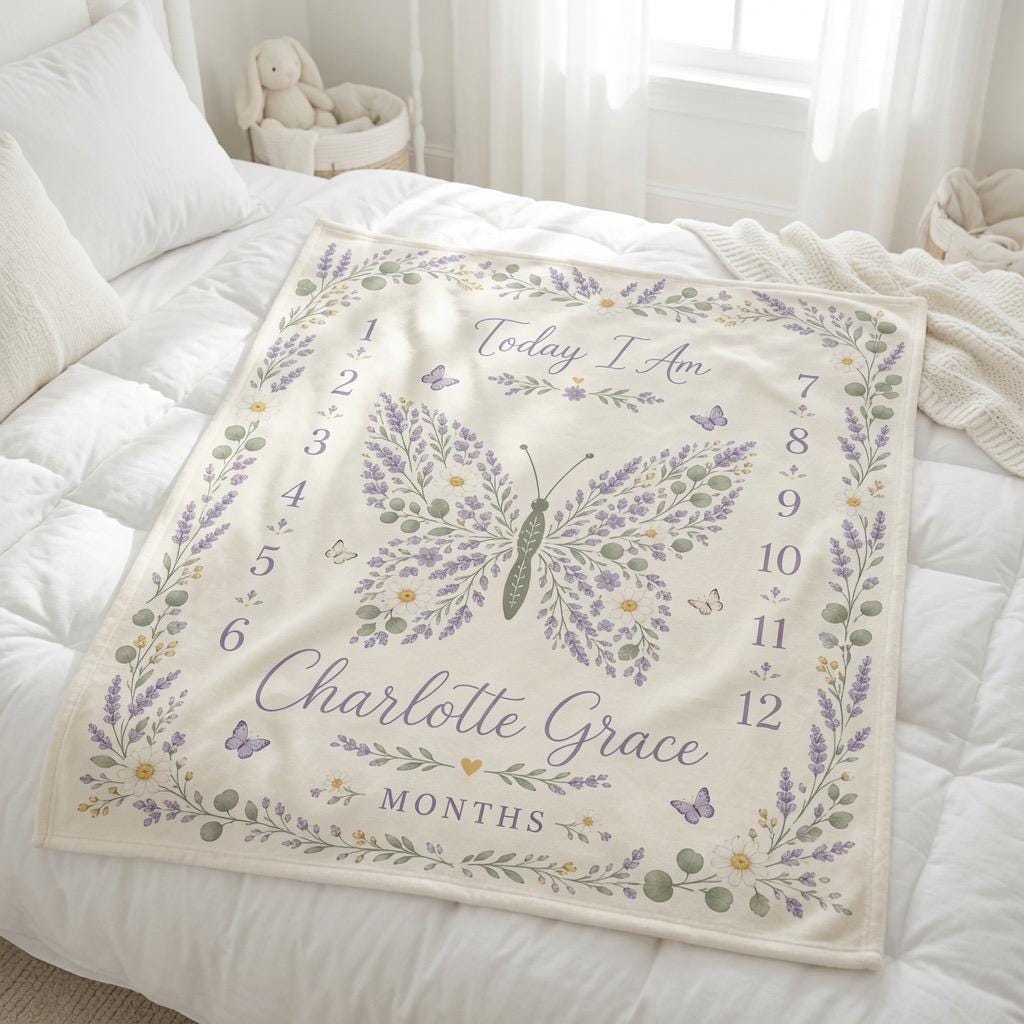 Personalized Lavender Baby Milestone Blanket, Custom Name Monthly Milestone Blanket, Floral Butterfly Baby Blanket, Baby Girl