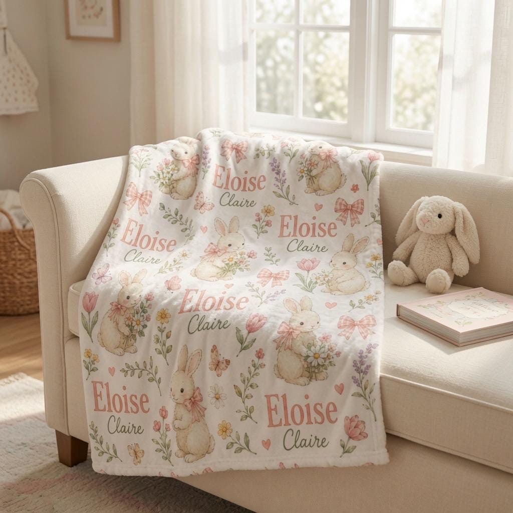 Personalized Bunny Baby Blanket, Custom Baby Girl Blanket, Personalized Rabbit Blanket, Floral Bunny Nursery Blanket, Baby Sh