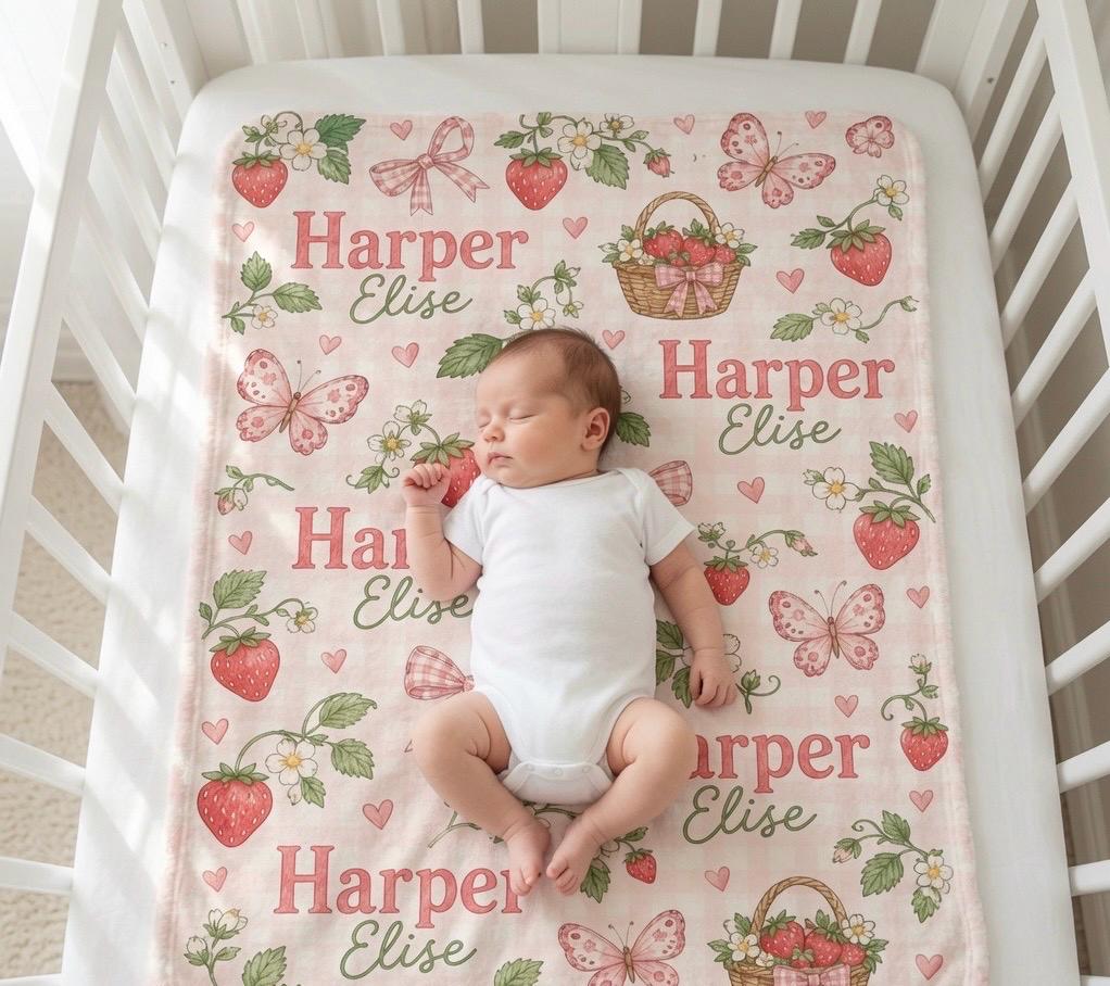 Personalized Strawberry Baby Blanket, Custom Baby Girl Blanket, Strawberry Nursery Blanket, Pink Bow Baby Blanket, Butterfly 