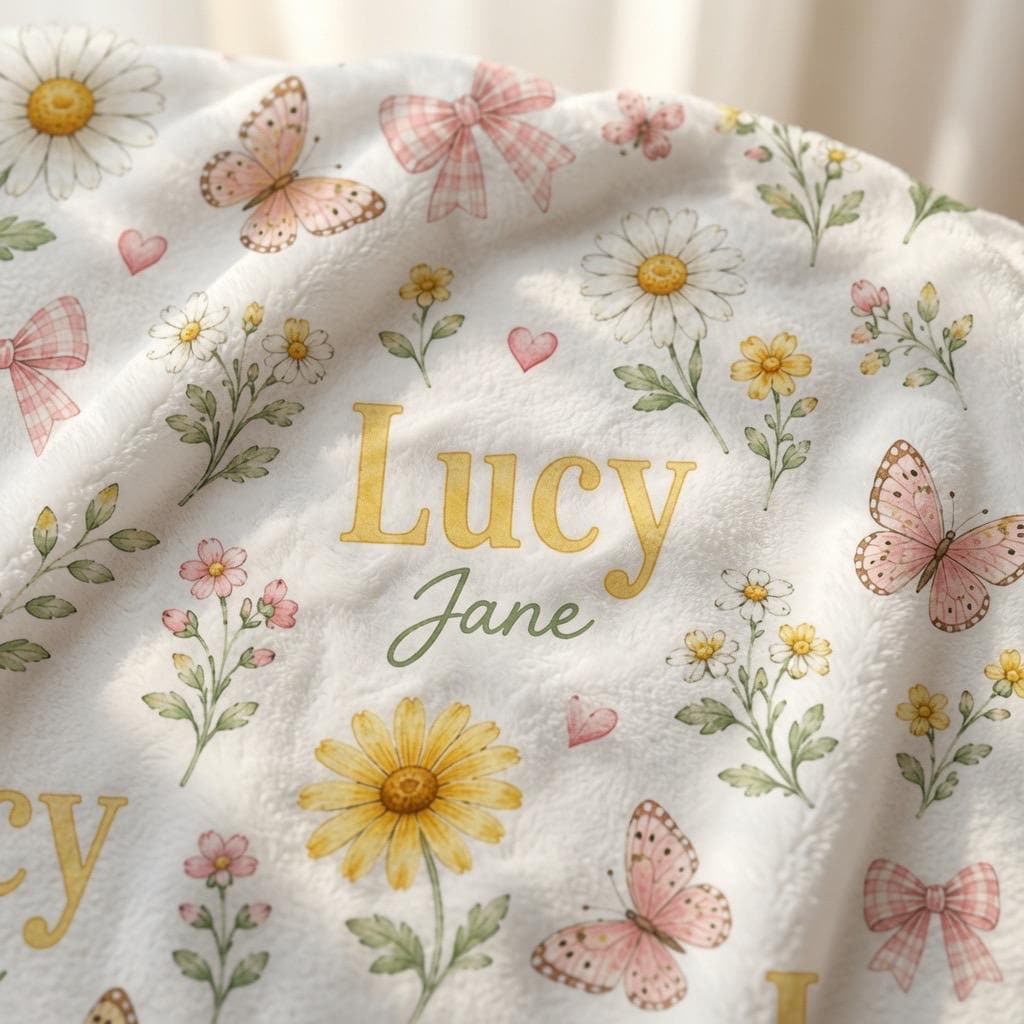 Personalized Daisy Baby Blanket, Custom Baby Girl Blanket, Floral Name Blanket, Butterfly Baby Blanket, Pink Bow Blanket, New