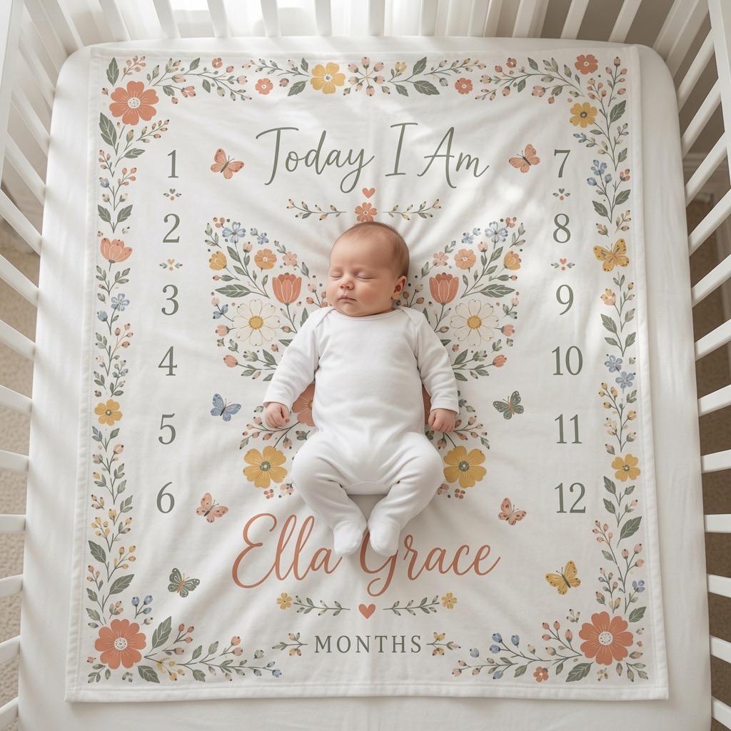 Personalized Butterfly Baby Milestone Blanket, Custom Name Baby Blanket Girl, Floral Milestone Blanket, Monthly Baby Blanket,