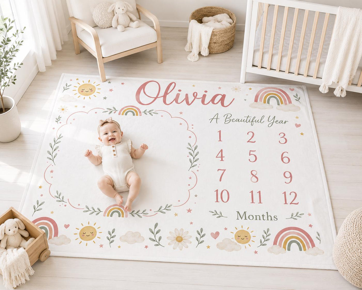 Personalized Rainbow Baby Milestone Blanket, Custom Name Monthly Milestone Blanket, Baby Girl Milestone Blanket, Rainbow Nurs