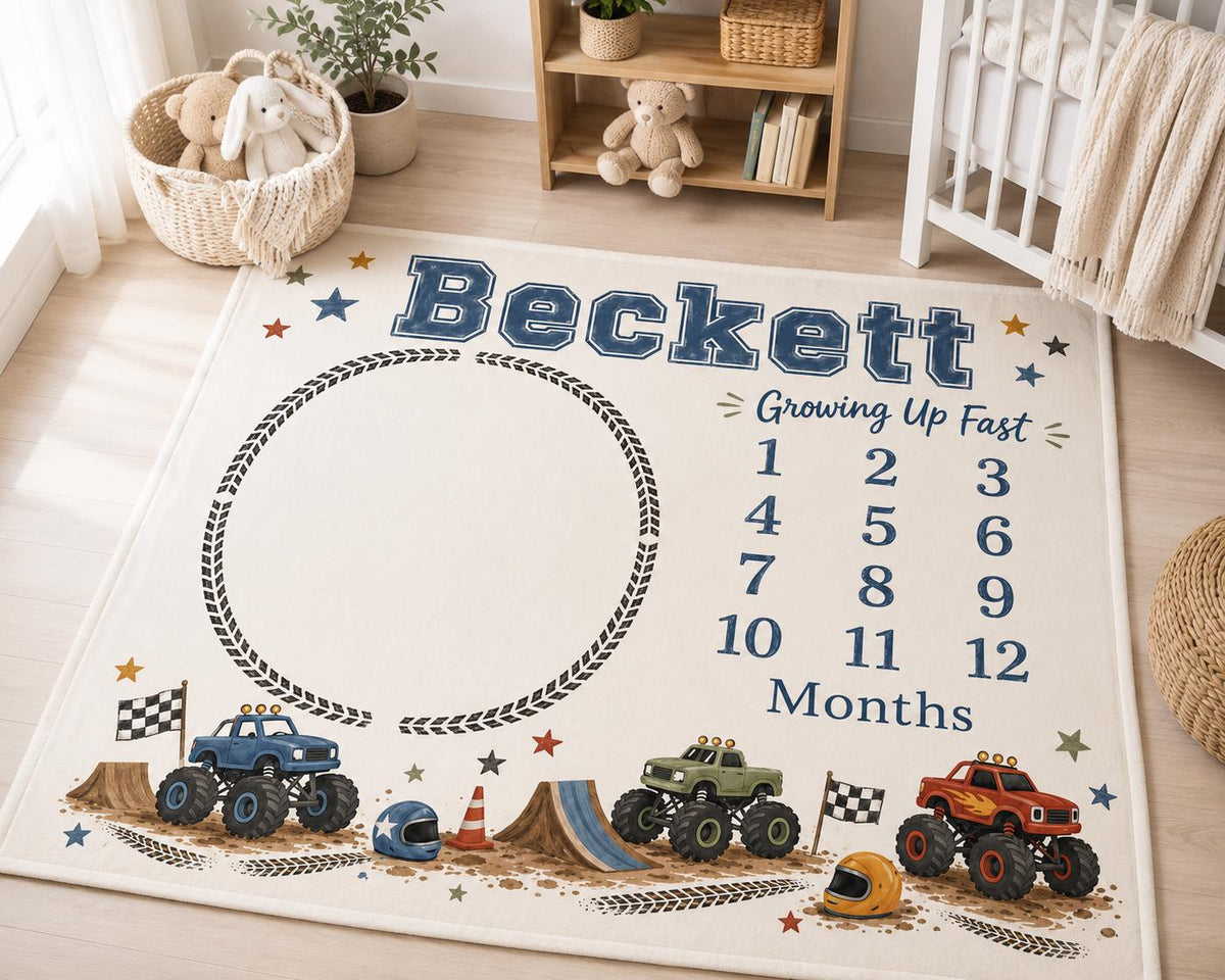 Personalized Monster Truck Baby Milestone Blanket, Custom Monster Truck Monthly Blanket, Growing Up Fast Baby Shower Gift, Tr