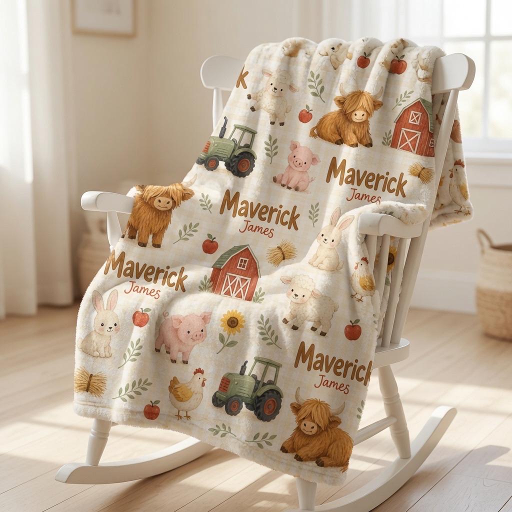 Personalized Farm Baby Blanket, Custom Farm Animal Baby Blanket, Highland Cow Blanket, Tractor Baby Blanket, Baby Boy Name Bl