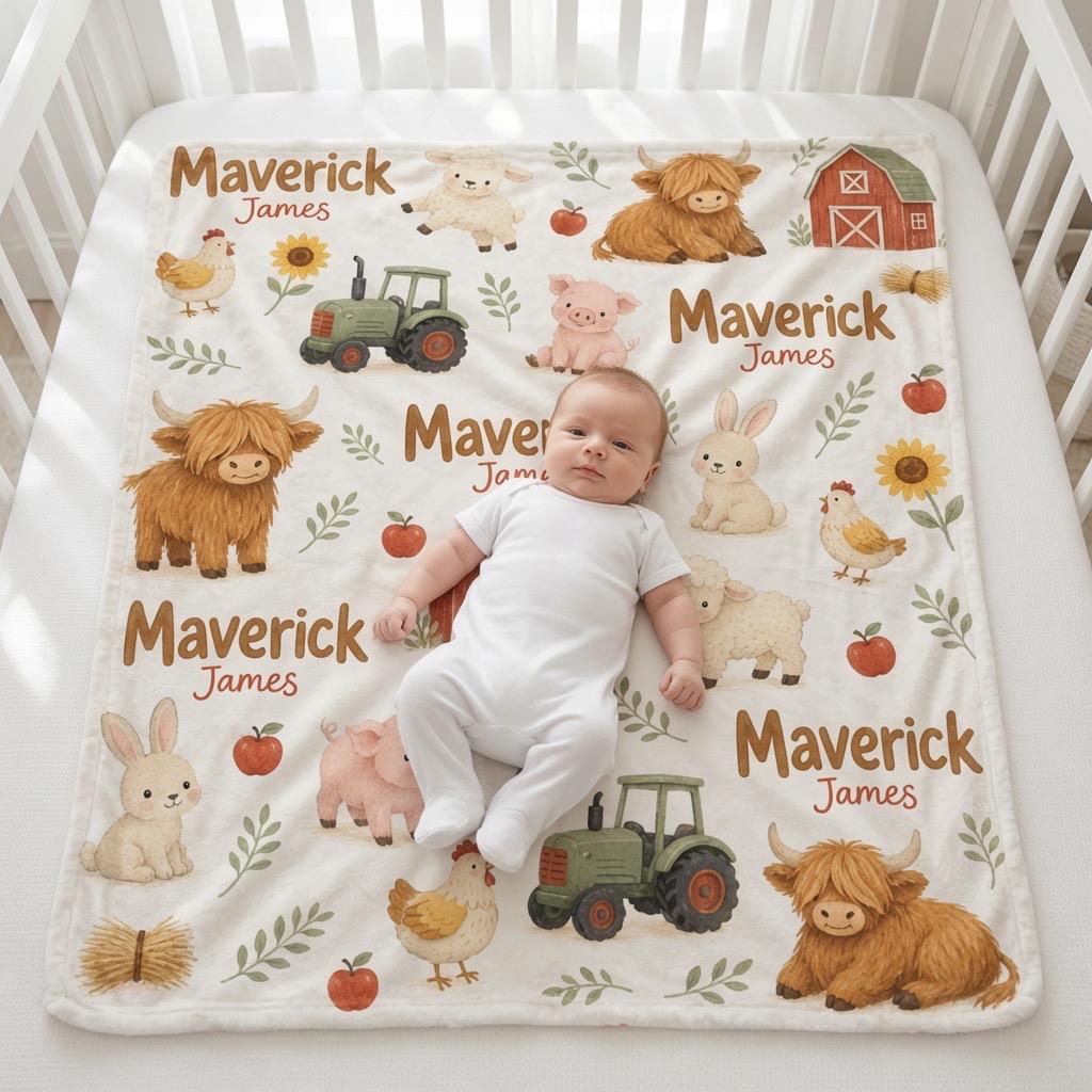 Personalized Farm Baby Blanket, Custom Farm Animal Baby Blanket, Highland Cow Blanket, Tractor Baby Blanket, Baby Boy Name Bl